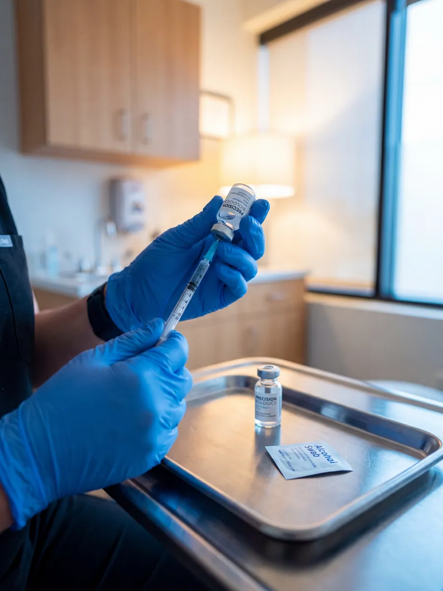 Gloved hands drawing medication from a vial into a syringe on a medical tray